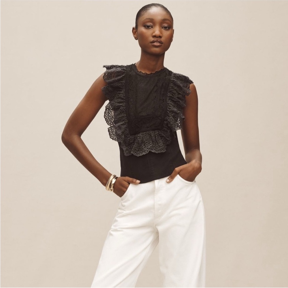Anthropologie Black Lace Ruffle Bib Racerback XS